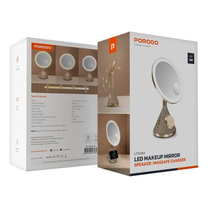 آینه و اسپیکر چندکاره پرودو مدل Porodo LED Makeup Mirror LFST084 - تصویر 2