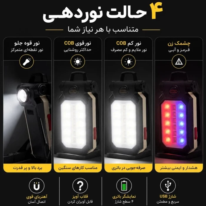 چراغ شارژی مگنتی نورافکن دوکاره USB مدل W598B