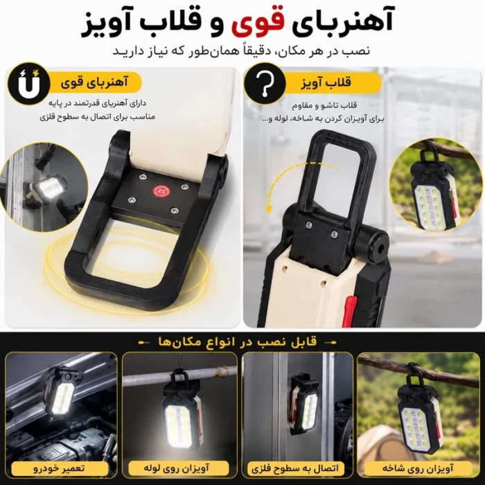 چراغ شارژی مگنتی نورافکن دوکاره USB مدل W598B